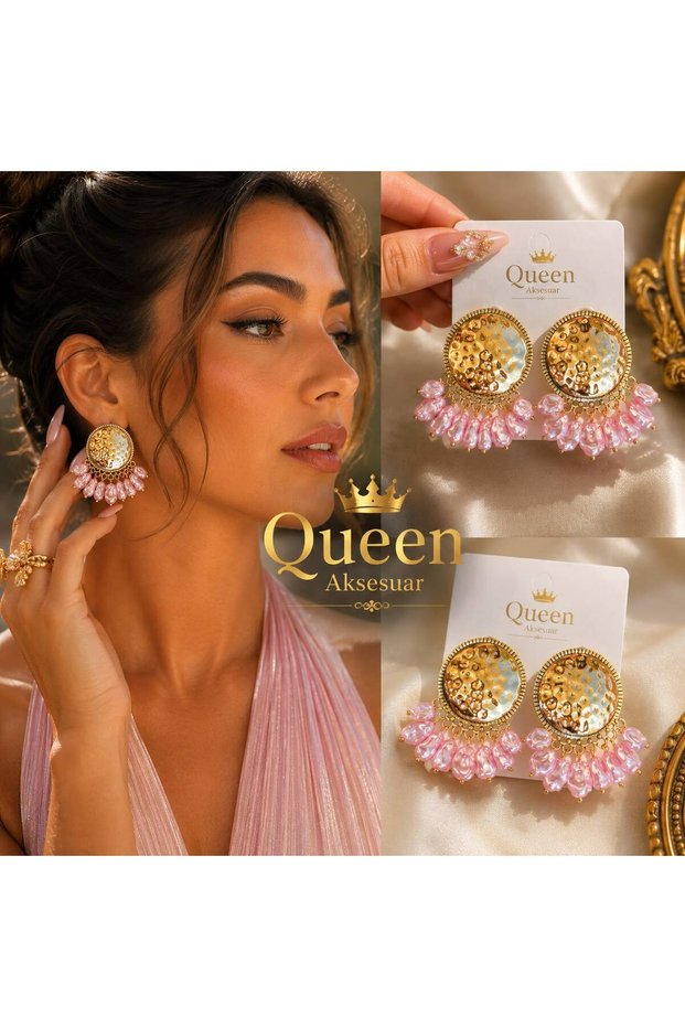 Trend Fashion Luxury Dangle Tassel Shakira Metal Gold Golden Stainless Steel Earrings with Pink Pearl Beads