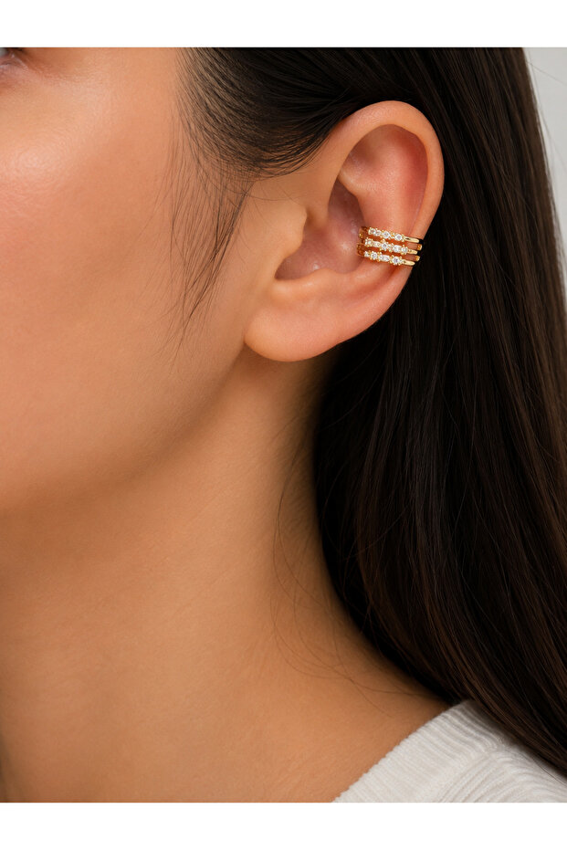 Women's Gold Color Three Row Zircon Stone Ear Cuff Cartilage Earrings