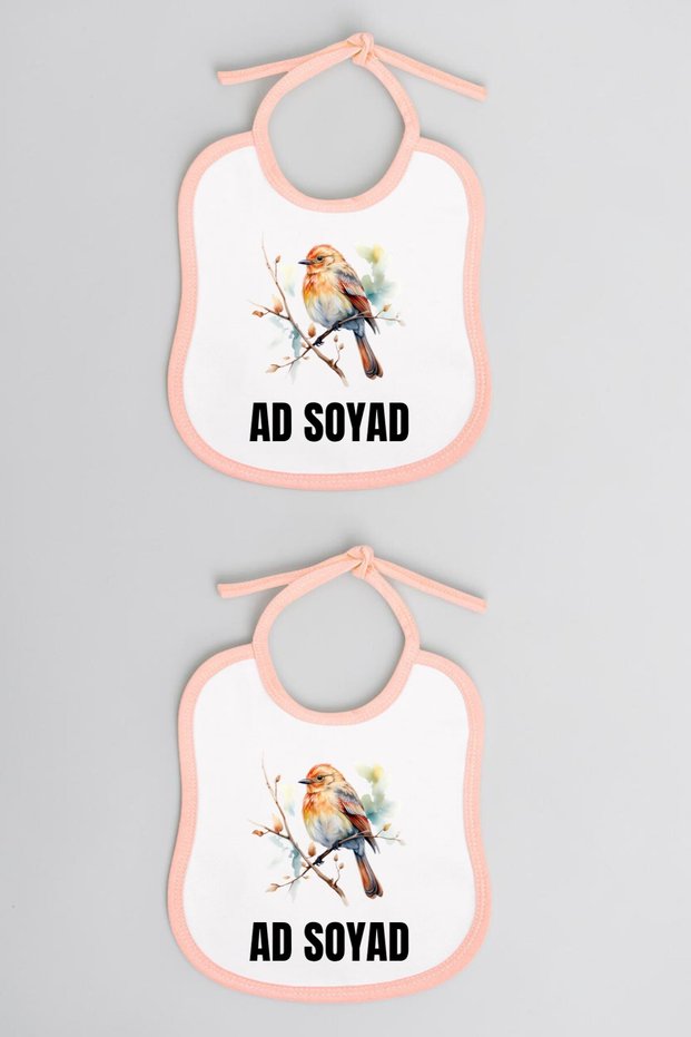Bird Printed 2-Piece Linen Pink Baby Bib - Baby Bib Models, Baby Drool Bib, Baby Collar
