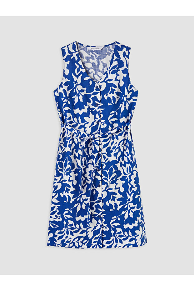 Lcw Everyday Navy Blue V-Neck Floral Belted Dress