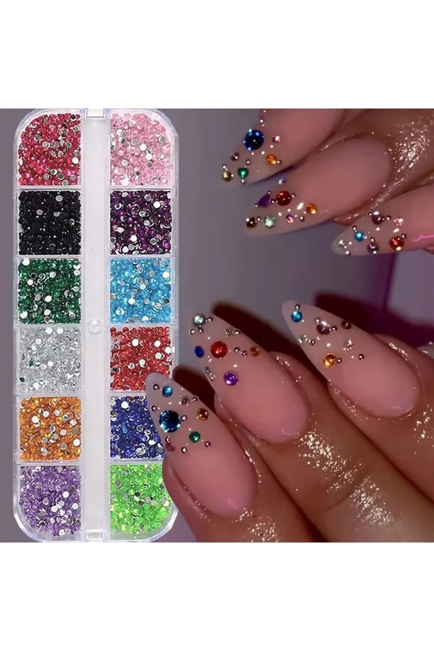 Nail Gems NEW 2mm Multicolor Sparkling Rhinestones Nail Bulk 12 Grids Flatback Crystal Gems for Nail