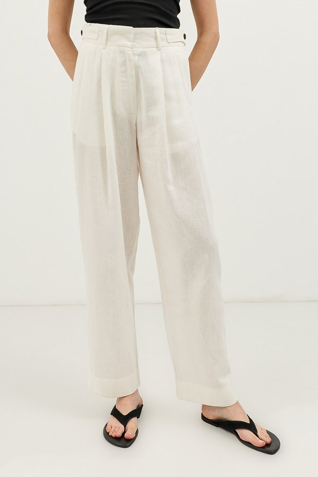 Ecru Linen Blend Pleated Women's Trousers