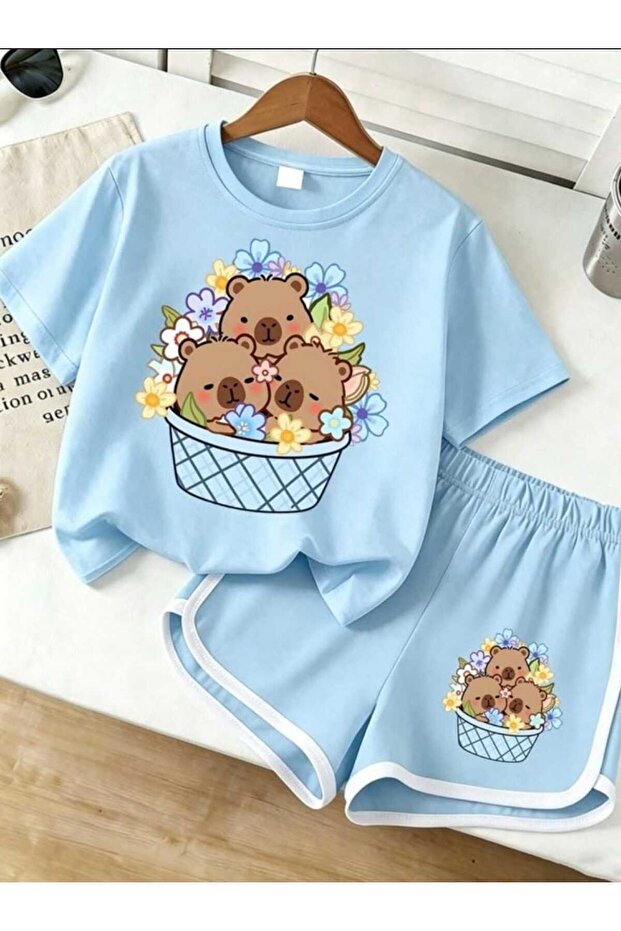 Capybara Flower Printed Blue Shorts-T-Shirt Kids Set