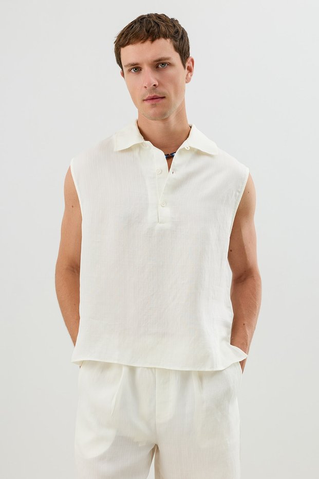 Ecru Lyocell Blend Crop Fit Sleeveless Men's Shirt