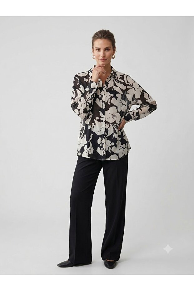 Asso Women's Large Floral Print Oversize Chiffon Blouse D35