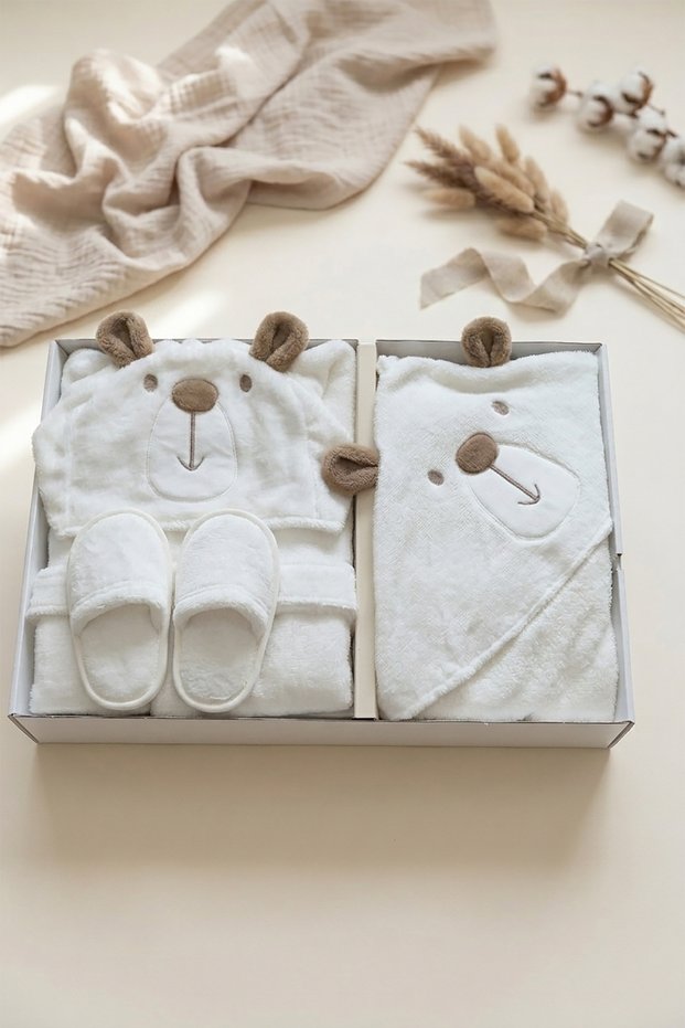Cute Teddy Bear Baby Bathrobe Set - 3-Piece Boxed Bathrobe Set 0-12 Months