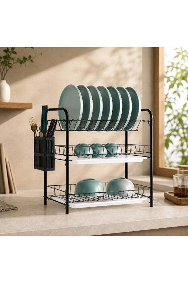 3-Tier Kitchen Dish Drying Rack with Utensil & Cutting Board Holder, High Capacity Black Metal Dish Drainer