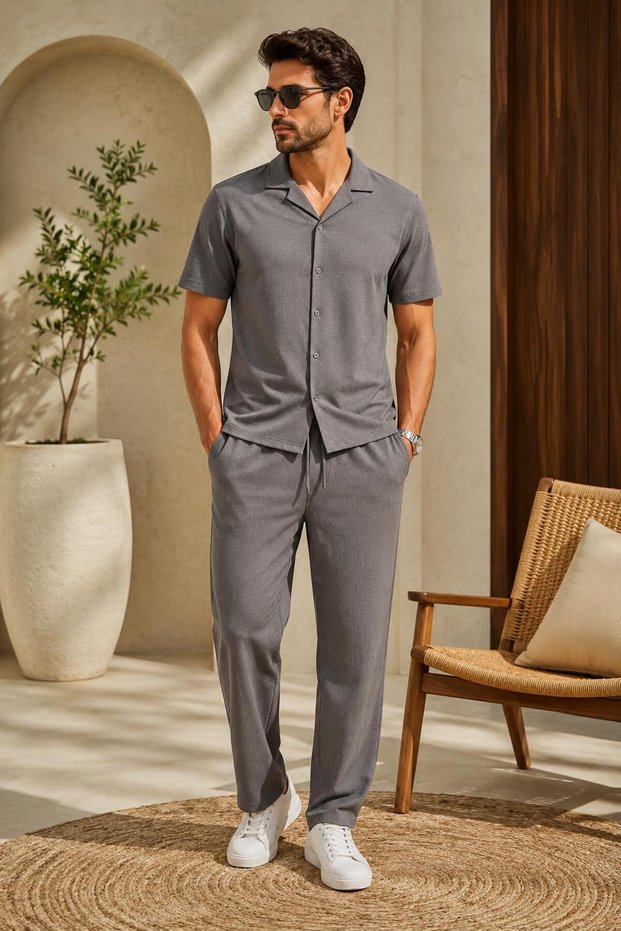 Rooy Wrinkled Crinkle Fabric Summer Lycra Men's Shirt and Pants Set