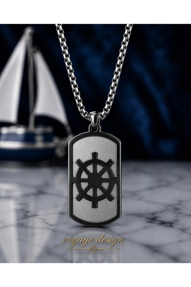 Stainless Steel Engraved Model Black Silver Color Sailor's Helm Men's Necklace