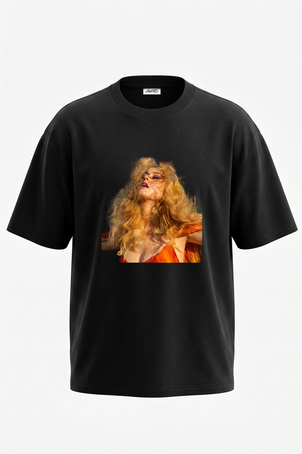 Sari Dalgali Sac Design Printed Oversize Black T-Shirt