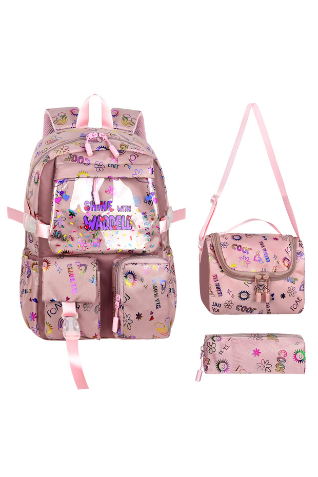 Kawaii Korean Style Twil Fabric Patterned Backpack, Lunch Bag and Pencil Case Triple Set
