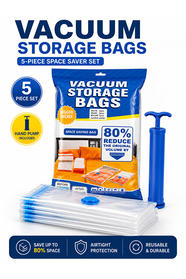 Vacuum Storage Bags with Hand Pump – Reusable Space Saving Compression Bag Set