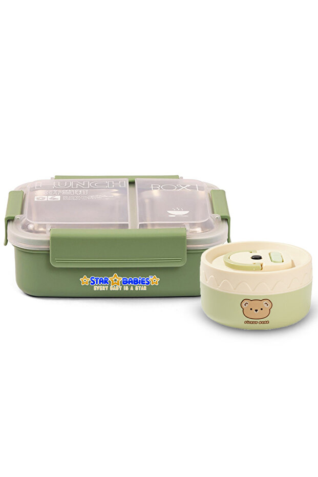 Stainless Steel Lunch Box With Compartment and Coordinating Round Thermal Soup/Food Flask with Carry Handle