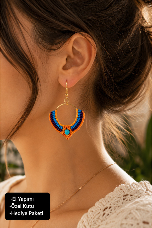 Turquoise Stone Detailed Colorful Macrame Hoop Earrings Handmade Bohemian Women's Earrings