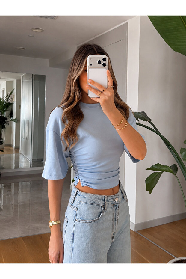 Blue Side Zipper Detailed Drawstring T-Shirt - 2Y261003