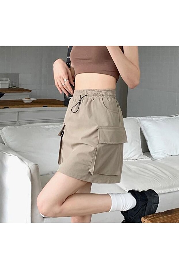 High Waist Pocketed Mini Cargo Skirt Khaki