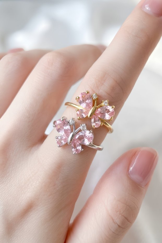 Special Production Set of 2 Rings with Zircon Stone and Butterfly Design in Purple, Pink, and White Colors