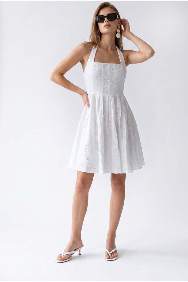 2188 Women's Brode Lined Halter Neck Mini Dress White