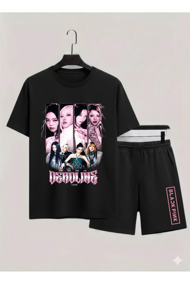 Blackpink K-Pop Band Printed Cotton Short Sleeved Children's Tshirt-Shorts Two-Piece Set