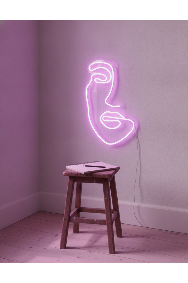 Soyut Yüz Figürlü LED Neon Duvar Tablosu | Mor Aydınlatmalı Modern Dekor | Salon - 2