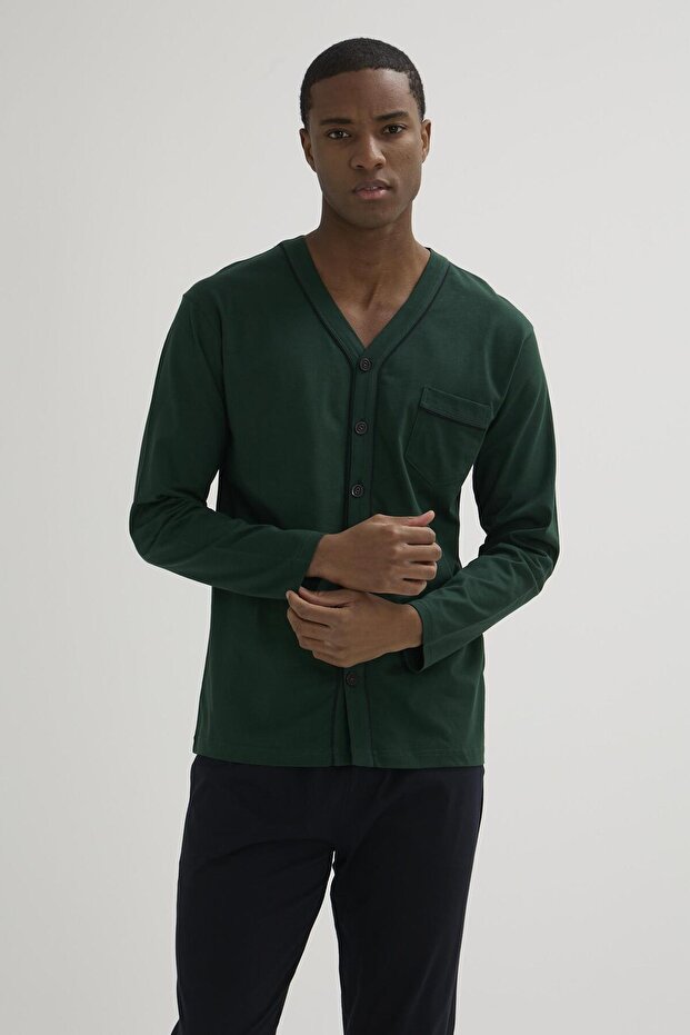 Men's Green V-Neck Buttoned Front Pajama Set C7T6N29