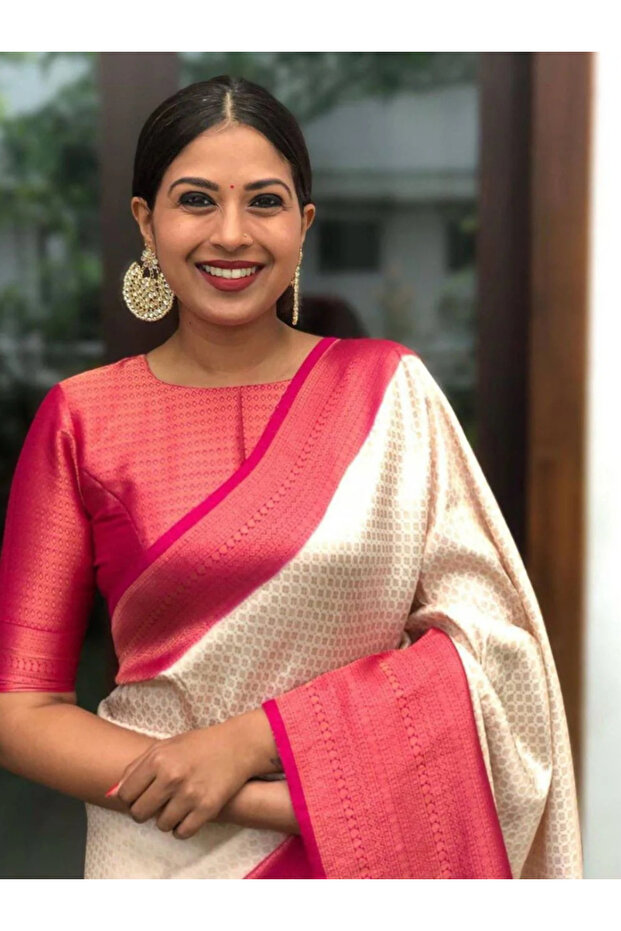 Off-White & Pink Soft Silk Saree - MAF3120 | Off-White & Pink