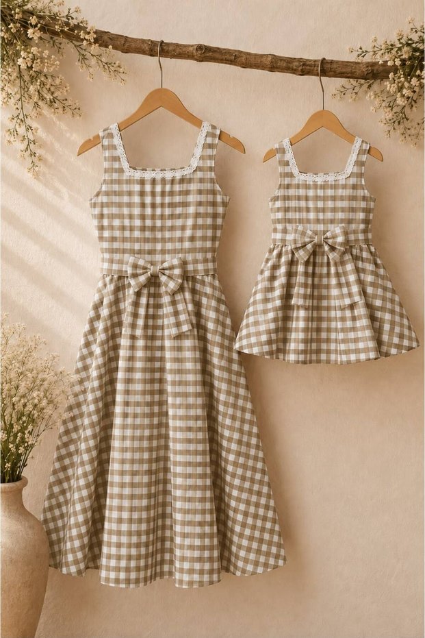 Brown Gingham Square Collar Women's Dress and Girls' Brown Gingham Square Collar Dress (Sold Individually)