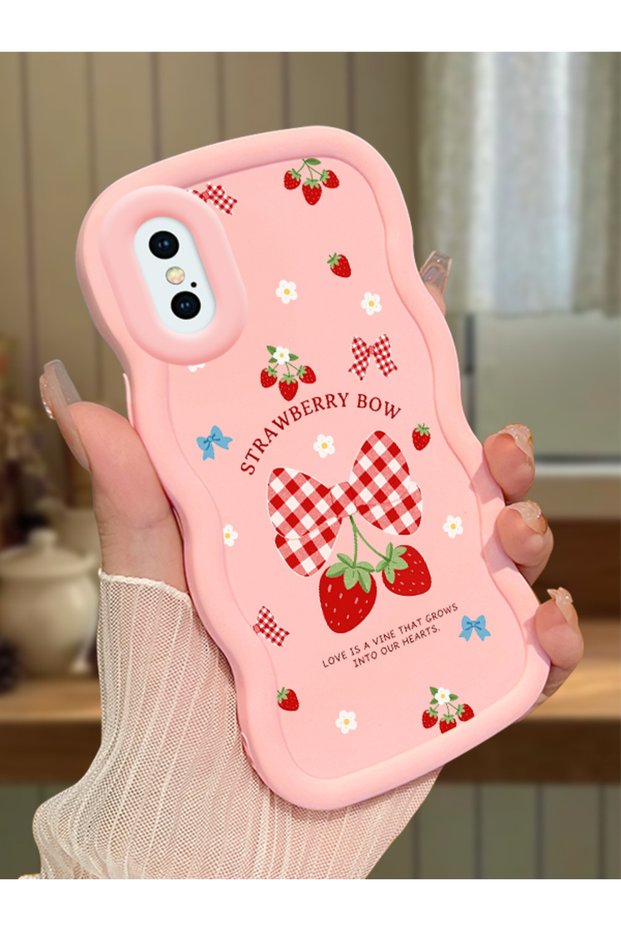 iPhone X Compatible Case Camera Protector Pink Silicone Couple Phone Case Strawberry Pattern