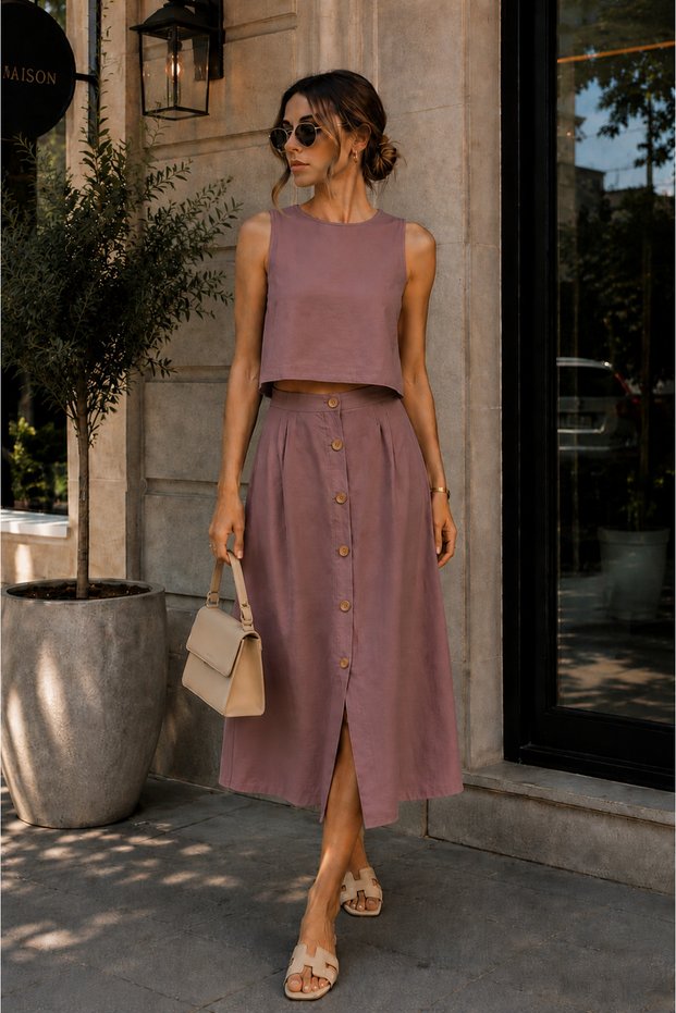 Women's Aerobin Fabric Skirt with Button Detail, Midi Length, Two-Piece Set