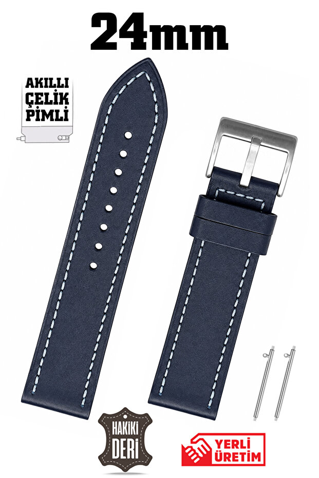 24mm Navy Blue Sport Genuine Leather Watch Band Strap with Smart Pins