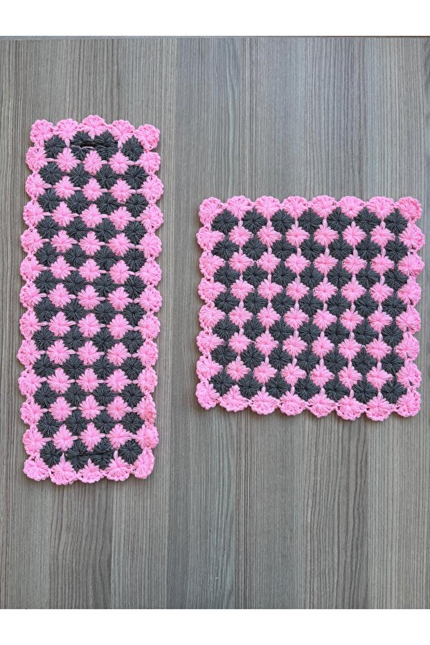 Hand Knitted 2-Piece Bath Washcloth Set - Dowry Style Long and Square Washcloth Set Pink Gray