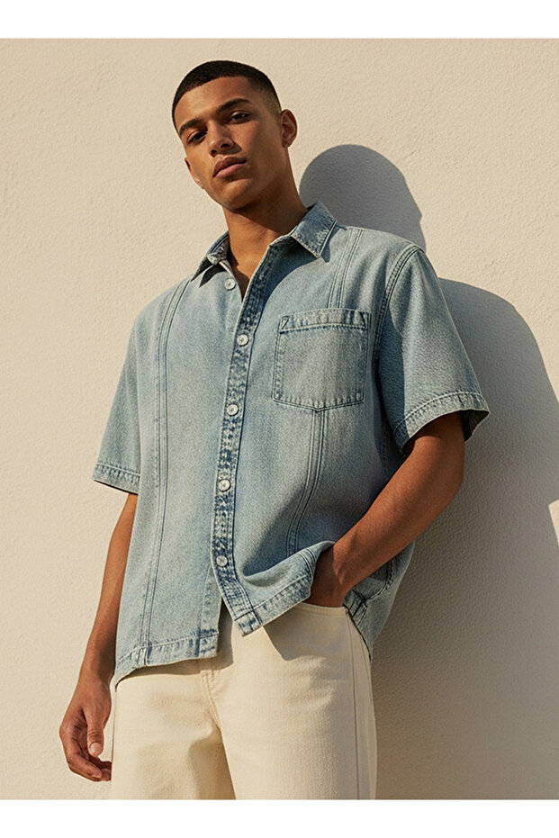Regular Fit Collared Panelled Denim Shirt