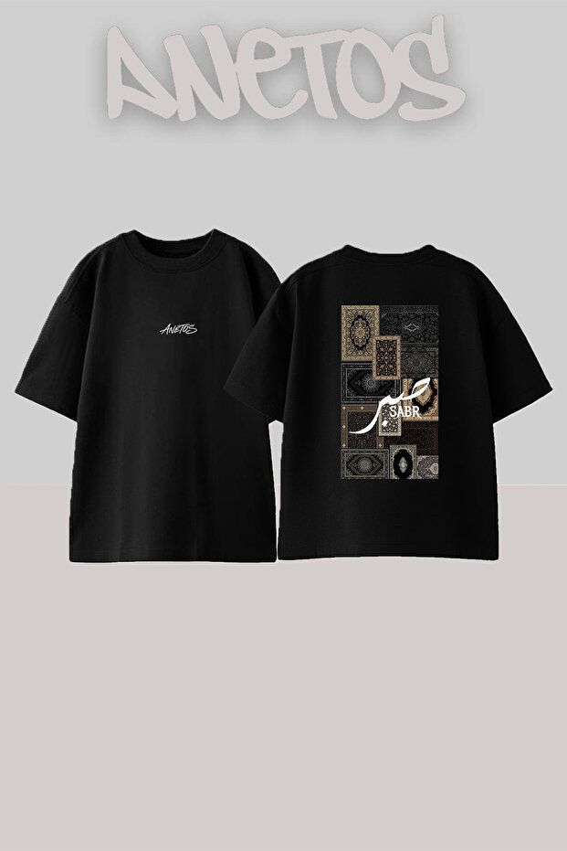 Persian Carpet_3 Design Back Printed Cotton Black Oversize T-Shirt