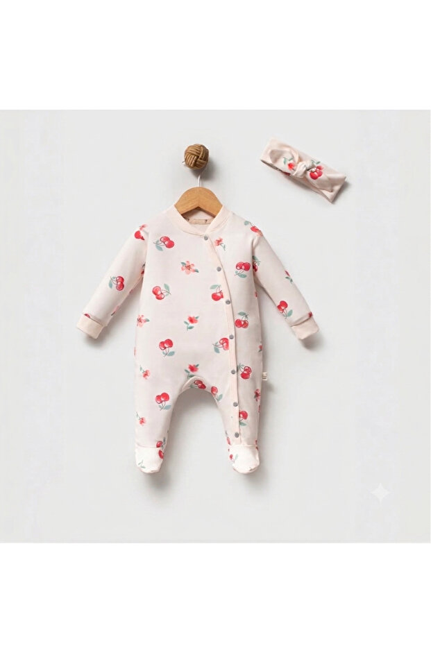 100% Organic Cherry Patterned Booties Bandana Jumpsuit