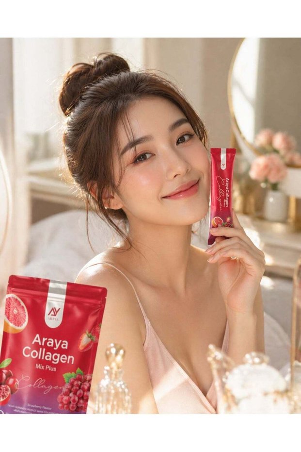 Aryaa Araya Collagen Mix Plus Supplement Drink Powder 225g Pack Strawberry Flavour 15 Sachets Zero Sugar Skin Hydration Hair Nail Support