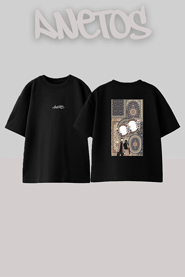 Traditional Hali Double Design Back Printed Cotton Black Oversize T-Shirt