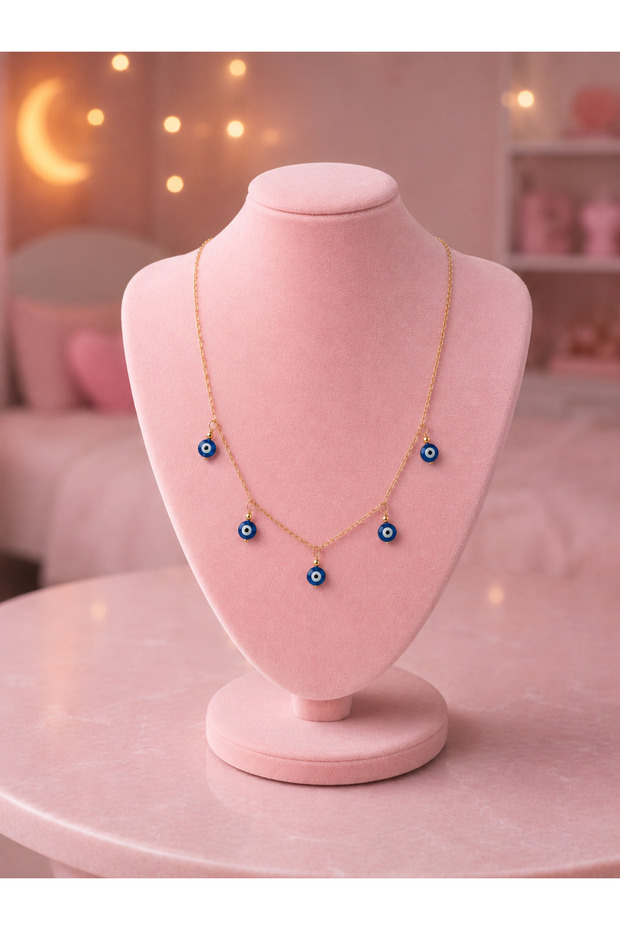 Girl's Blue Evil Eye Beaded Gold Color Chain Necklace