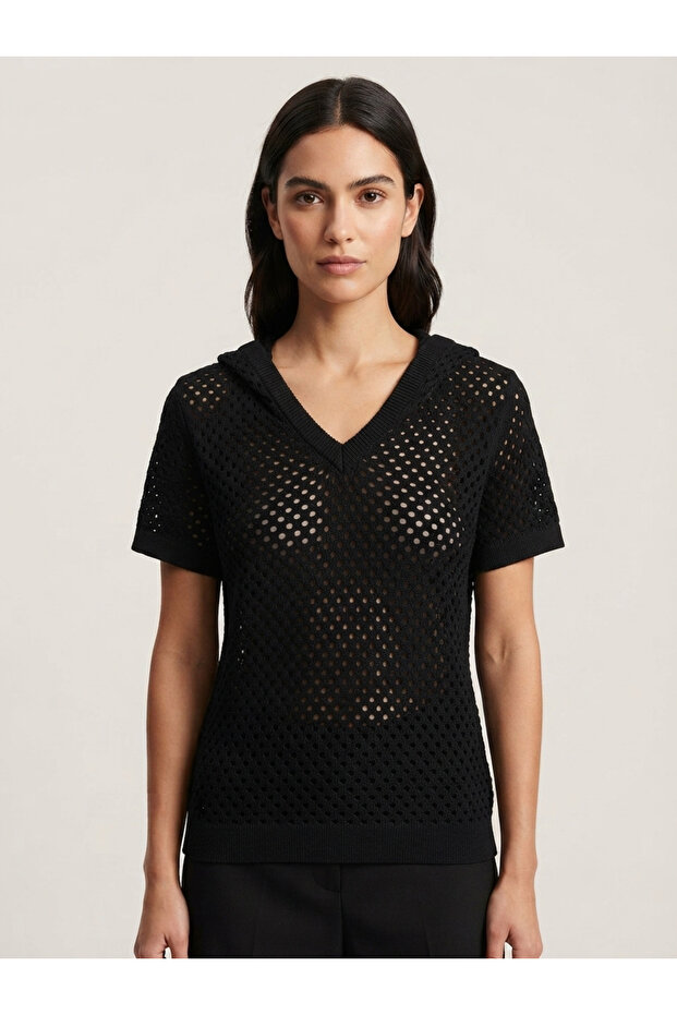 Black Hooded Openwork Knitted V-Neck Knitwear Blouse