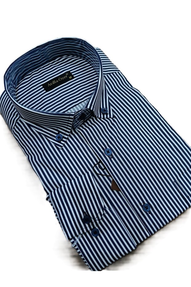 White Navy Blue Striped Regular Single Pocket Men's Shirt