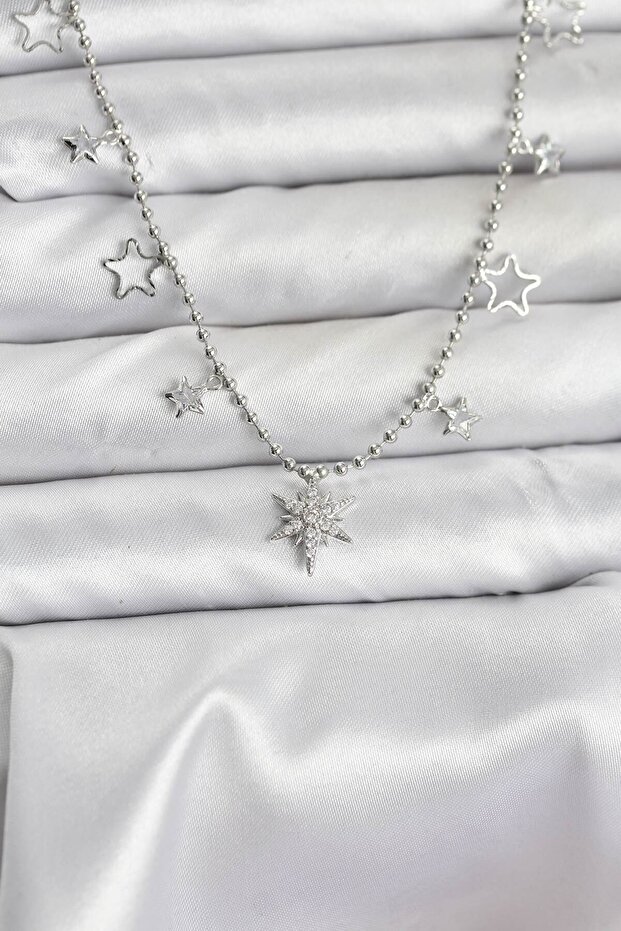 Brass Silver Color Zircon Stone Polar Star Model Women's Necklace