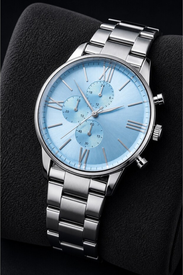Men's Wristwatch Silver Metal Band Blue Dial Roman Numeral Chronograph Look
