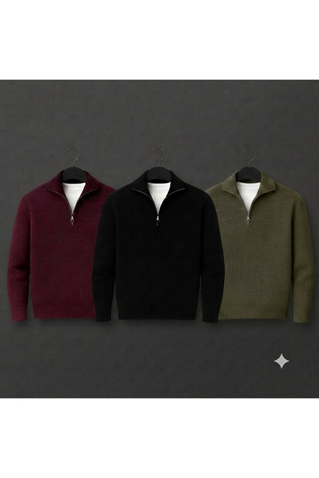 3-Piece Advantageous Set Winter Stand-Up Collar Sweater Thick Cotton Comfortable Half-Zipper Quality Basic Knitwear