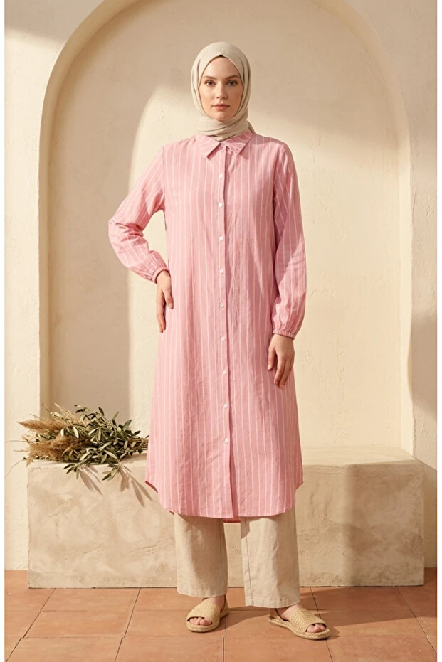 Muslin Fabric Buttoned Striped Tunic 0342-07 Dusty Rose
