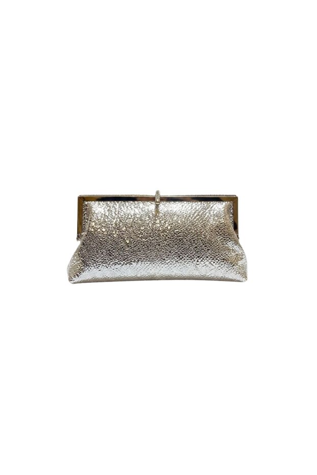 Elegant Shiny Evening Dress with Lock Detail and Shoulder Bag - Silver