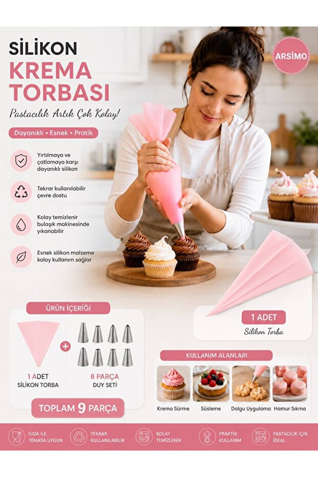 9 Piece Washable Silicone Cream Squeezing Bag and Styling Tool Set |   Whipped Cream Decorative Set