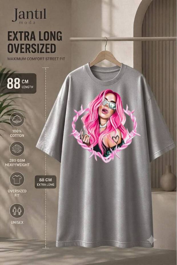 Crew Neck T-Shirt with Barbed Wire Heart and Pink-Haired Girl Figure Inside, Extra Long Oversize Tunic T-Shirt, Short Sleeves