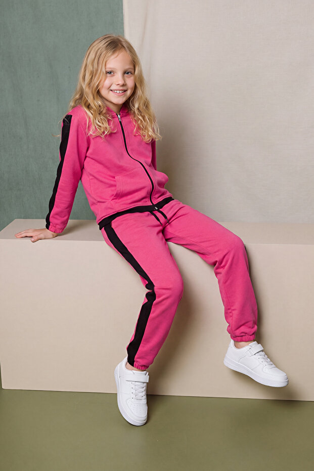 Girl's Stripe Detailed Zippered Hooded Double Pocket Tracksuit Set