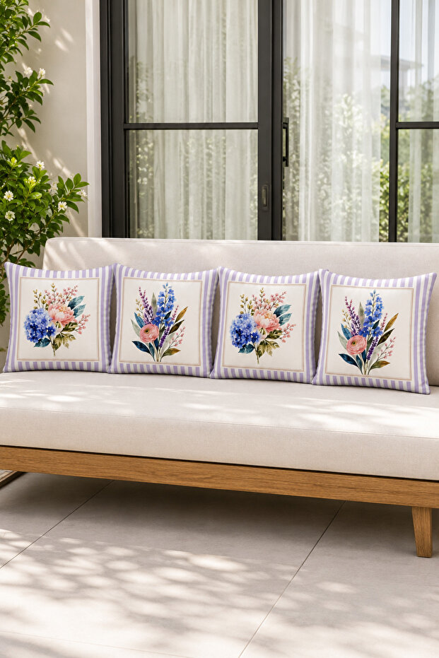 Set of 4 Decorative Throw Pillow Covers with Lilac Stripes, Blue Hydrangea and Iris Flowers, 43X43 cm