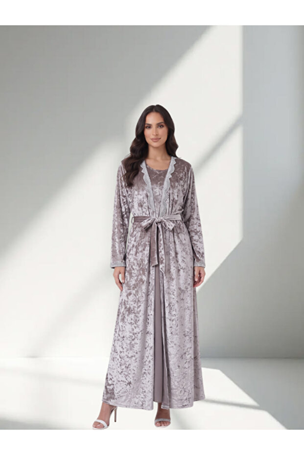 Women's Crushed Velvet Belted Abaya - Lace Trim Lapel & Cuffs Open Front Kimono