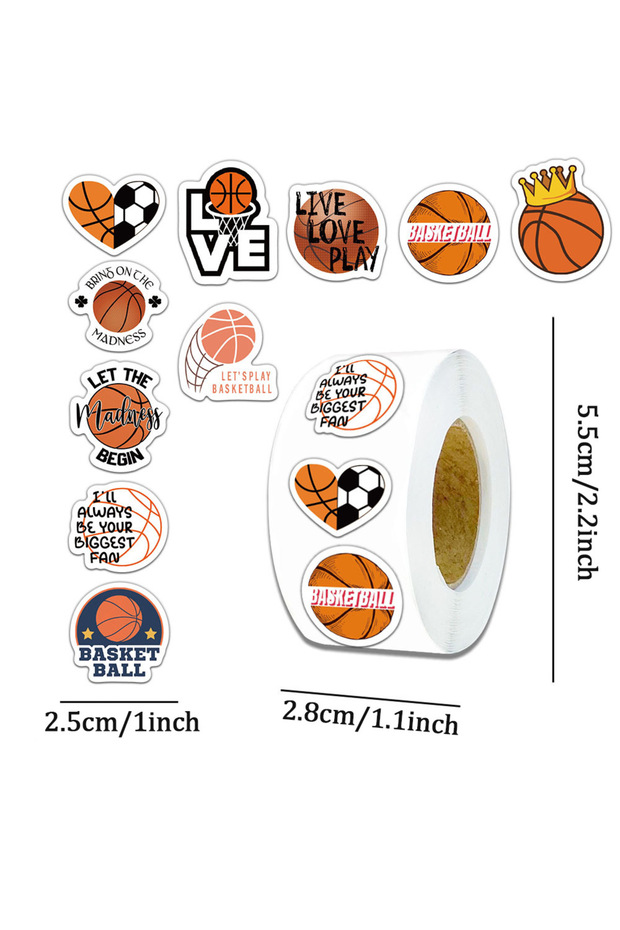H1024-1inch 500 Pcs Basketball Stickers 1inch Self-Adhesive Sports Ball Stickers Roll for Sports Par
